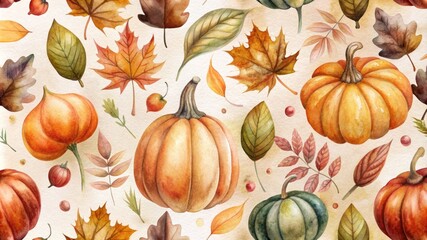 pattern with pumpkins, leaves, and acorns, flat design