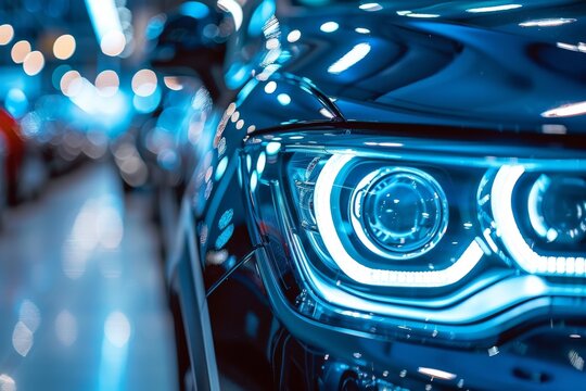 headlights close-up, car dealership, auto theme. Beautiful simple AI generated image in 4K, unique.