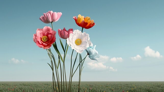 Meadows covered in a blanket of colorful spring flowers symbolizing the renewal and beauty of nature Illustration, Image, , Minimalism,