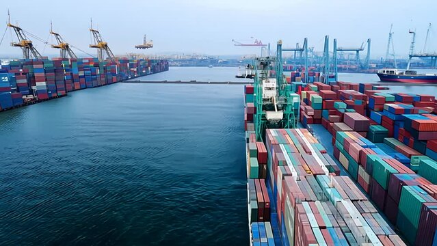 Cargo Ship Loaded With Shipping Containers at a Busy Port