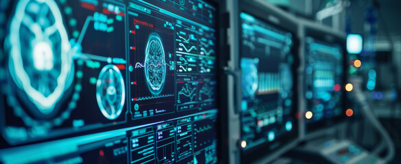 Obraz premium Futuristic digital display showing brain imagery and data in high-tech laboratory.