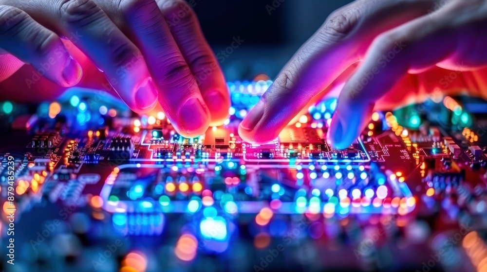 Poster close-up of hands working on a colorful circuit board with glowing led lights, illustrating technolo