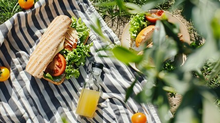A flat lay of a single sandwich, a small bottle of juice, and a minimalist picnic blanket on a clean surface