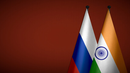 3D rendering of two flag from Russia and India on flagpoles with Red background for diplomatic. bilateral relations. peace and conflict between countries. Fabric