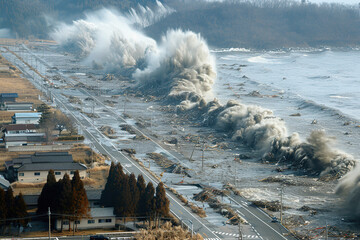 Generative ai on theme of a scary tsunami with huge foamy wave, apocalyptic dramatic background