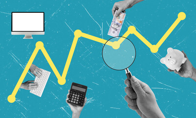Collage picture picture poster human hand looking magnifying glass analyzing statistics finance chart results.