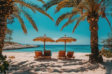 Fototapeta premium An inviting beach setup featuring two sets of wooden lounge chairs under straw umbrellas amidst tall palm trees, facing the crystal blue sea, creating a serene escape.
