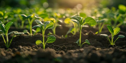Nurturing the growth of young green seedlings in soil under sunlight, representing sustainability and progress. Concept Young Seedlings, Growth, Sustainability, Progress, Sunlight