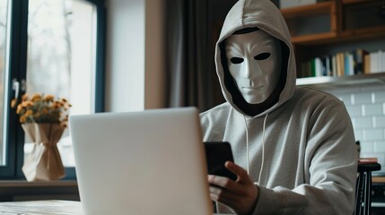 A person in a hoodie and white mask uses a laptop and phone in a bright, home-like interior setting, portraying the theme of cyber anonymity and digital privacy concerns.