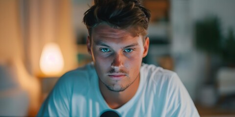 Obraz premium Male influencer recording podcast or YouTube video showcasing authenticity in digital communication. Concept Authenticity in Digital Communication