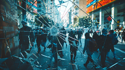 Shattered glass reflecting a diverse group of protesters marching, symbolizing the fracture and unity within a social movement