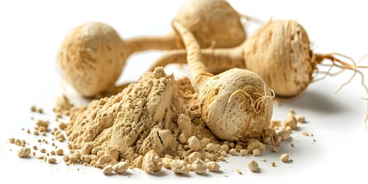 Organic maca root powder closeup on white background. Concept Healthy Eating, Superfoods, Natural Supplements, Nutrition, White Background