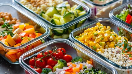 A variety of colorful, pre-portioned healthy meals in containers, ready for the week