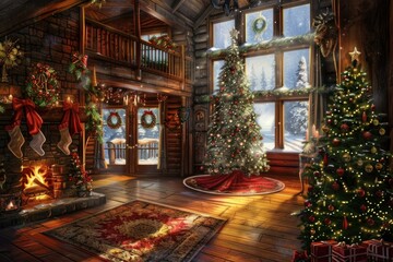 Fototapeta premium Warm and inviting christmas cabin interior with a decorated christmas tree, burning fireplace, and festive decorations