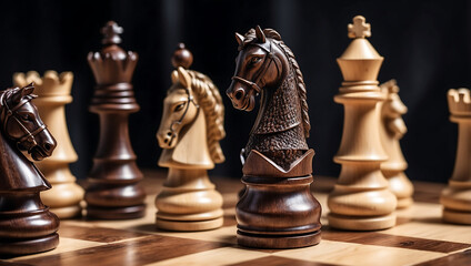 International chess day, a wooden knight chess piece on a chessboard with other chess pieces blurred in the background. The board features alternating dark and light squares with a glossy finish