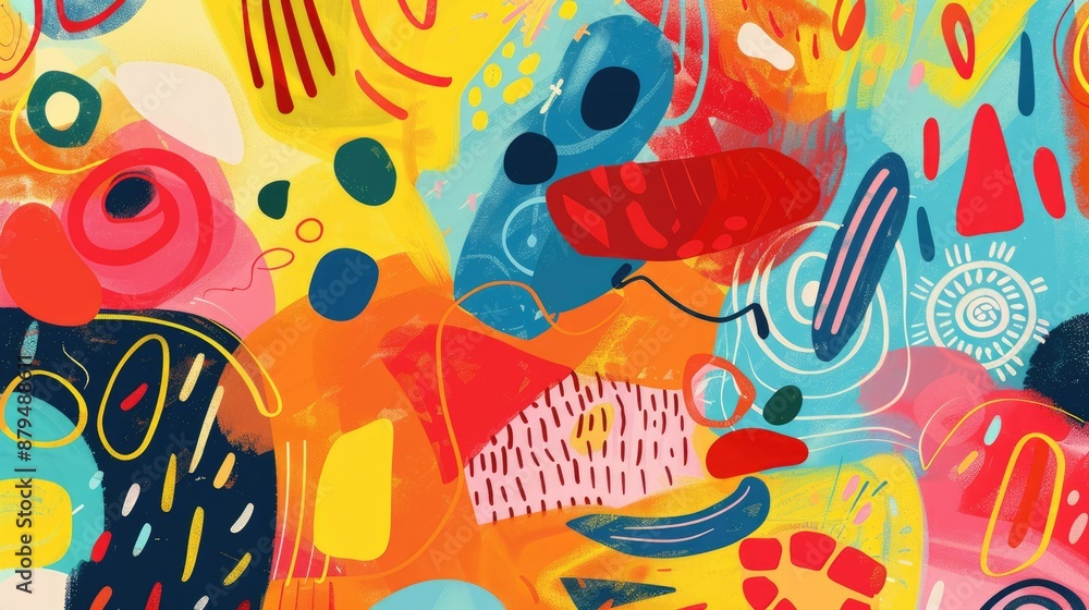 Poster colorful abstract background with dynamic shapes, brush strokes, and playful patterns for creative d