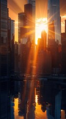 Obraz premium A stunning sunset casts golden rays through a city skyline, reflecting on a calm river. Tall skyscrapers glow with the sunlight, creating a dramatic and warm ambiance.