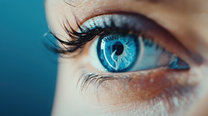 Fototapeta premium A detailed macro shot of a blue eye with a minimalist backdrop, providing significant copy space for customization. The simplicity highlights the eye's vibrant color and detail.
