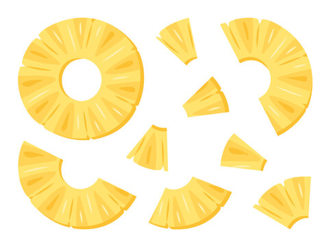 Fresh yellow Pineapple chunks, ring, pieces slice icon set. Healthy vegetarian snack, cut Pineapple for design. Sliced on pieces ananas. Hand drawn trendy flat style isolated Vector illustration