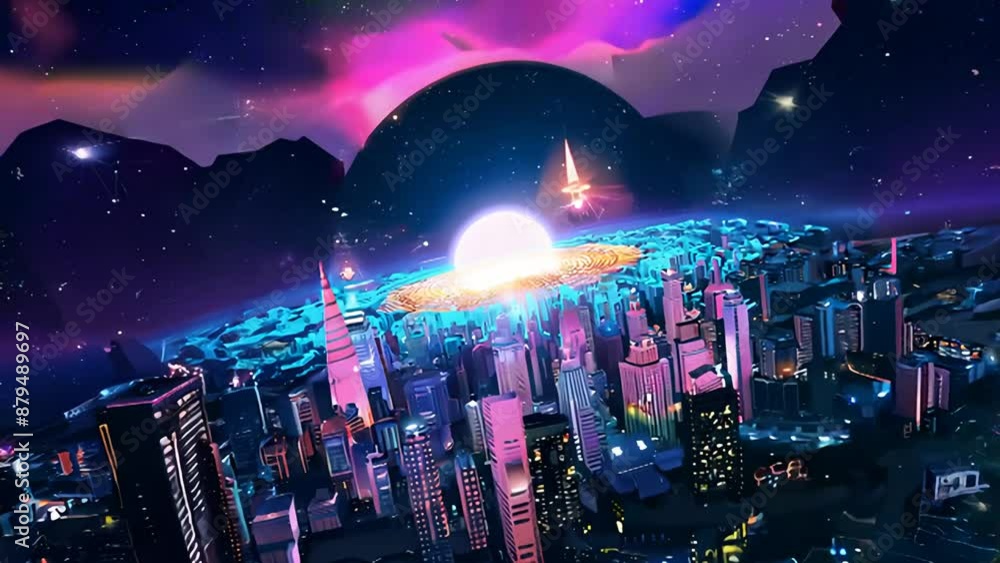 Poster futuristic cityscape with exploding star in space