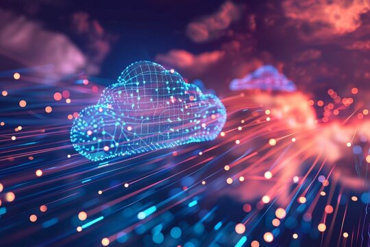 futuristic advance hi-tech abstract digital cloud computing icon with tech symbols lines dots against intricate network of circuits. Beautiful simple AI generated image in 4K, unique.