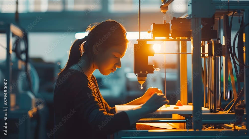 Poster silhouetted figure working with advanced 3d printing technology in industrial setting
