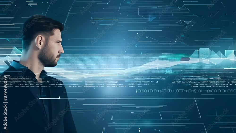Poster man standing in front of a digital background with lines and shapes