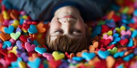 Celebrating World Autism Awareness Day with an Autistic Boy Surrounded by Colorful Hearts. Concept World Autism Awareness Day, Autistic Boy, Colorful Hearts, Celebration, Awareness