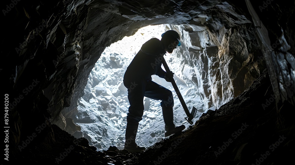 Poster silhouette of a miner with a pickaxe exploring a dark underground cave for valuable minerals and