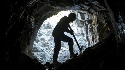 Fototapeta premium Silhouette of a Miner with a Pickaxe Exploring a Dark Underground Cave for Valuable Minerals and