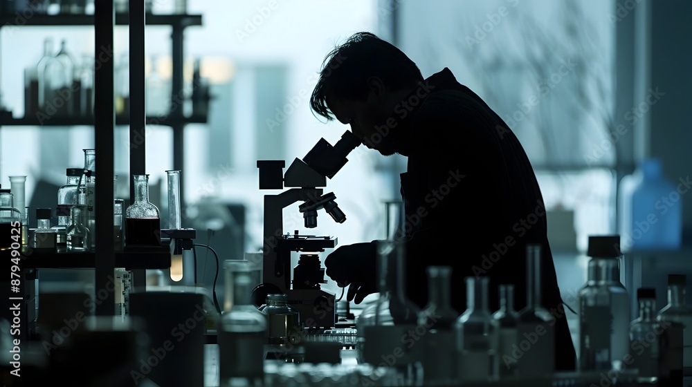 Poster silhouette of scientist adjusting microscope in laboratory setting