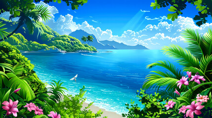 beautiful landscape of mountain  sea  and blue sky vector art and cartoon
