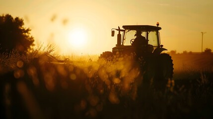 Obraz premium Silhouette of Farmer Driving Tractor During Autumn Harvest Season