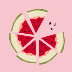 World watermelon day. National watermelon day poster. Slices of juicy watermelon with black seeds on a pink background. Vector flat watermelon illustration. Summer fruits
