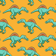 Seamless pattern cute spinosaurus in Asian kawaii style. Dinosaur, prehistoric predatory lizard, mascot. Cartoon character Funny vector illustration for wallpaper, fabric, wrapping, background