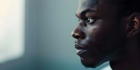 A Black man feeling anxious in a police station while facing criminal accusations and stress. Concept Anxiety, Police Encounters, Criminal Accusations, Stress Management, Racial Profiling