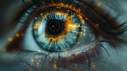 close up of eyes with futuristic digital graphics overlaying the iris