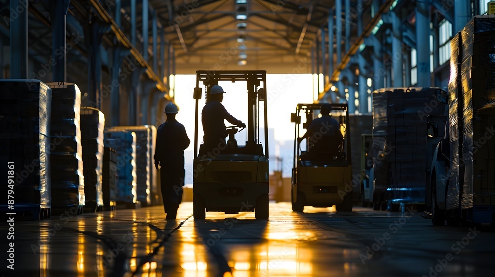 Poster efficient warehouse with hardworking forklift operators