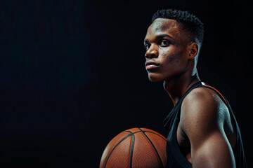 A focused basketball player holds a ball in a dark environment, his serious expression highlighting his determination and athleticism