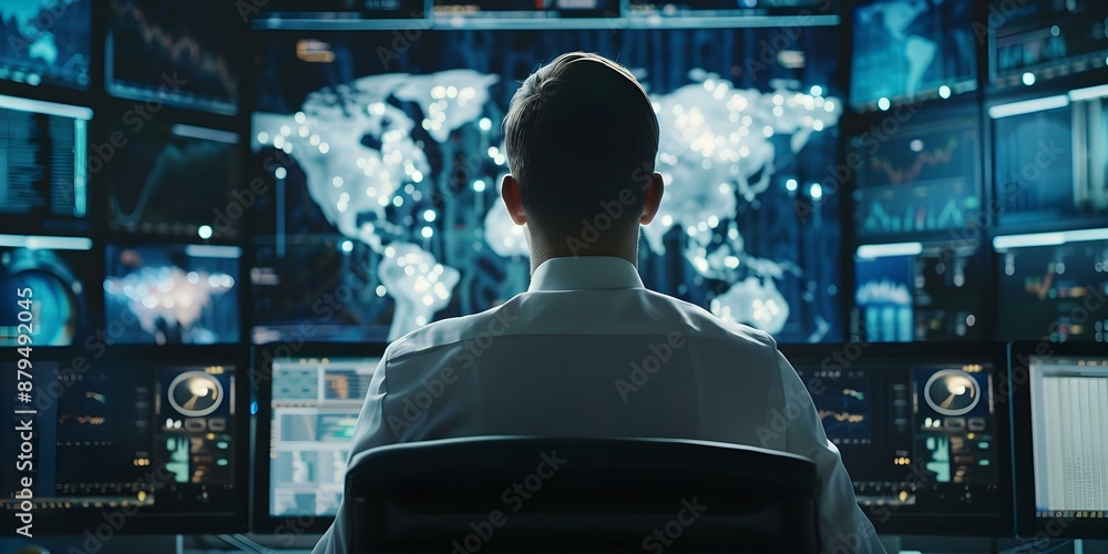 Poster cybersecurity analyst monitors screens in hightech control room for system administrator day. concep