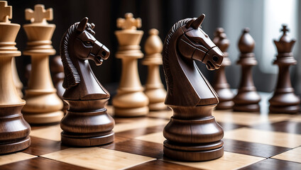 International chess day, a wooden knight chess piece on a chessboard with other chess pieces blurred in the background. The board features alternating dark and light squares with a glossy finish