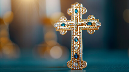 '' closeup of an ornate Orthodox cross with intricate designs and gemstones isolated on a gradient background 