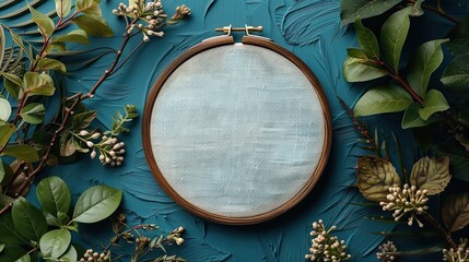 embroidery hoop,blank canvas,needlework accessories on pastel blue background,image