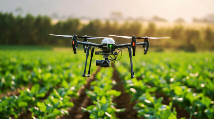 Drone flying over a green crop field during early morning for agricultural monitoring.