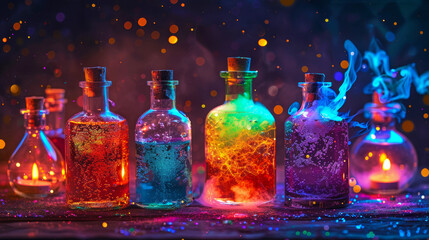 Magical potion bottles with colorful liquids and bubbling contents, set against a dark background with glowing candles