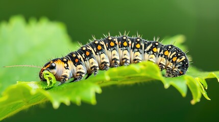 Fototapeta premium Close-up of a caterpillar eating a green leaf, vibrant details of nature's life cycle, caterpillar eating, nature close-up, life cycle