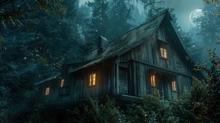 A side view of a wooden house with a steep, vintage-style roof, surrounded by dense forest under the moonlight. The house has small, warm lights visible through the windows, suggesting life inside.