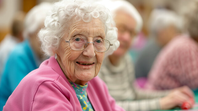 '' wide shot of a senior center bingo game with elderly participants smiling and concentrating on their cards  - Powered by Adobe