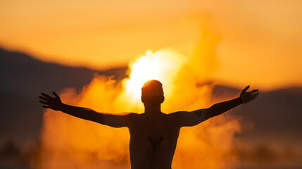 A flamboyant desert wanderer raises a cloud of dust silhouetted against the setting sun at the Burning Man festival 