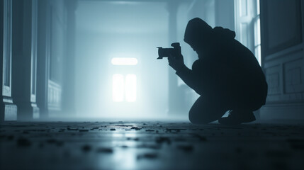 a ghostly photographer capturing spectral images with an old, haunted camera in a creepy, abandoned house 